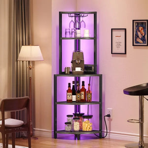 5-Tier Bar Cabinet Glass Holder Corner Shelf With LED Light