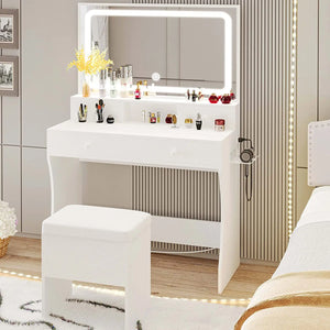 Vanity Desk LED Lighted Mirror Table Set With Storage Stool